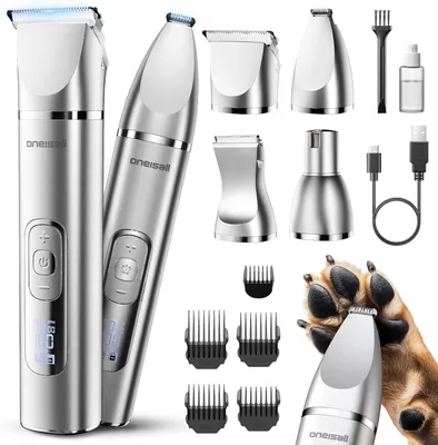 Productafbeelding van Hondentrimmerset 4-in-1 - draadloos - stille tondeuse en nagelslijper - lcd-display - voor honden en katten - zilver