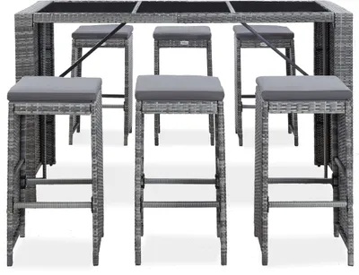 Produktbild von vidaXL 7-tlg. Gartenbar-Set mit Auflagen Poly Rattan Grau