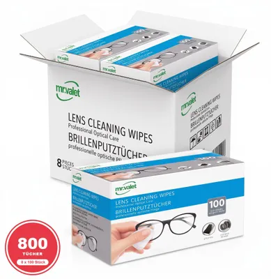 Produktbild von MR.VALET Optical Wipes Brillenputztücher 8 x 100 Stück, schnell trocknend, schlierenfrei, für Smartphone-Displays und Kameraobjektive