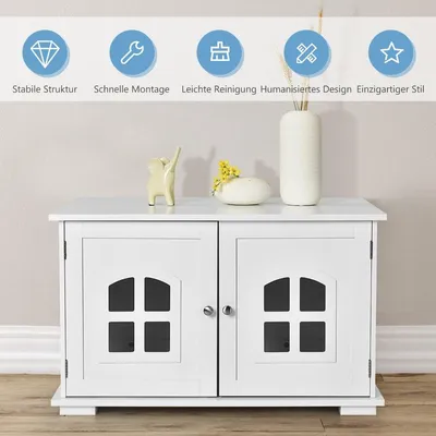 Image de Bac à litière pour chat, maison avec portes doubles et fenêtres, bac à litière décoratif