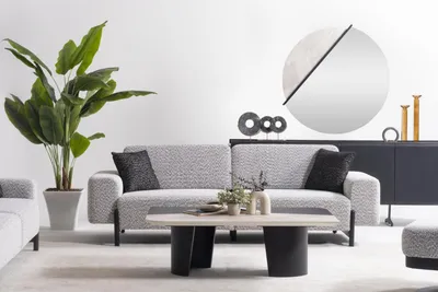 Zdjęcie produktu dla Szary zestaw do salonu z tkaniny i drewna, nowoczesny design