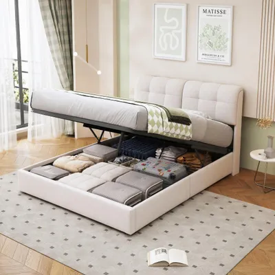 Immagine prodotto di Letto imbottito UnboxG 160x200 cm, letto matrimoniale con LED, rete a doghe in metallo e vano contenitore con rete idraulica, letto a molle insacchettate, grigio