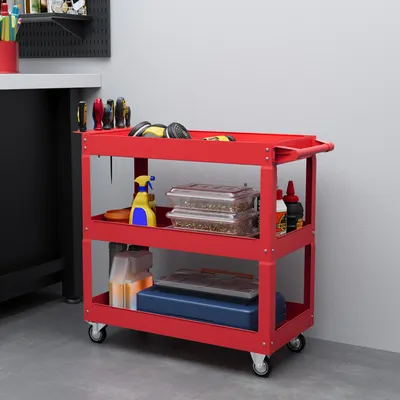 Produktbild von Werkzeugwagen 3 Ebenen, rollbar mit Griff, Stahl-Servicewagen, Rot | 83 x 35,3 x 76 cm | bis 150 kg | 4 Rollen