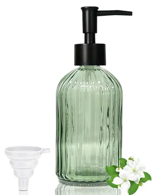 Image de Distributeur de savon vert en verre, 400 ml, distributeur de savon moderne pour la cuisine et la salle de bains, distributeur rechargeable avec pompe en plastique et entonnoir noir pour le liquide vaisselle, le savon pour les mains et le shampoing.