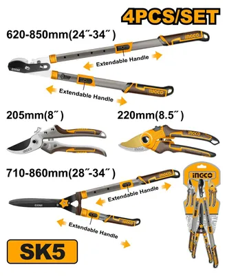 Immagine prodotto di Set cesoie potatura 4 pz – troncarami telescopico, cesoie per siepi, forbici da potatura – manici telescopici estensibili, impugnatura ergonomica, leggeri - attrezzi giardinaggio, forbici da giardino, attrezzi da giardino per rami/alberi, Ingco