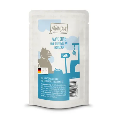 Produktbild von MjAMjAM Quetschie zarte Ente & Geflügel an leckeren Möhrchen, Adult, jede Rasse, Ente, Geflügel, 125 g, Getreidefrei