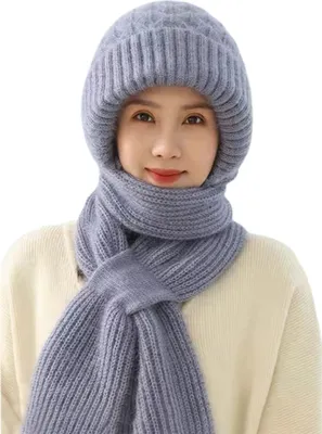Produktbild von Wintermütze für Damen mit integriertem Schal, dick, warm, gestrickt, winddicht, hohe Elastizität, umfassender Schutz, Outdoor-Reisemütze bei kaltem Wetter