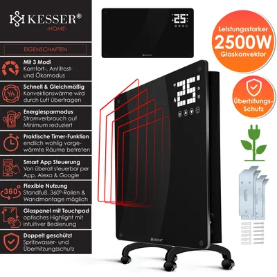 Produktbild von KESSER® Glaskonvektor Glasheizung Elektroheizkörper APP WiFi Funktion Inkl. Fernbedienung Elektroheizung Stand- oder Wand Heizung Heizkörper Touchscreen LCD-Display Timer | 2500 Watt
