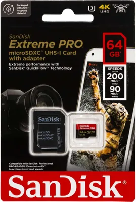 Zdjęcie produktu dla SanDisk Extreme Pro - Karta pamięci flash (w zestawie adapter microSDXC do SD) - 64 GB - A2 / Video Class V30 / UHS-I U3 / Class10 - microSDXC UHS-I