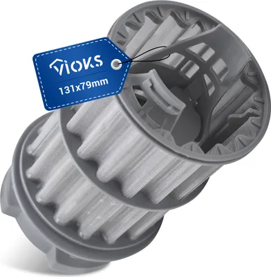 A gray vacuum cleaner filter with a blue tag attached.