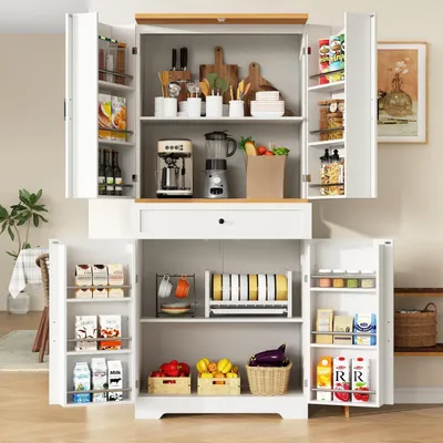 Image de Armoire de cuisine avec 12 compartiments et tiroirs, dimensions 80x40x180 cm, en MDF/panneau de particules