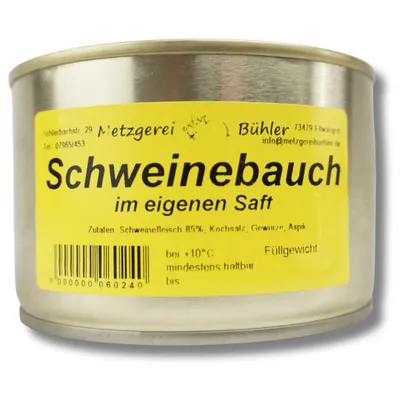 Produktbild von Schweinebauch im eigenen Saft Dosenwurst Wurstkonserve 300-400g Metzgerei Bühler – 400g