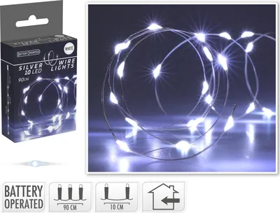 Obrázok produktu pre LED svetelná reťaz, strieborný drôt, 10 LED, studená biela, na batérie