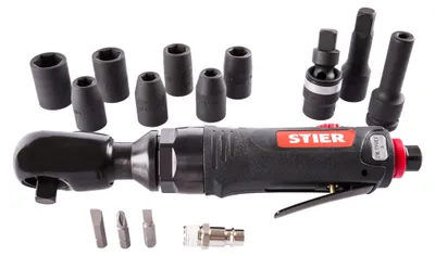 Produktbild von STIER Ratschenschrauber-Satz 33-1, 14-teilig, 3/8 Zoll Antrieb, Stecknippel 1/4 Zoll, Kraft-Steckschlüsseleinsatz, Umschaltfunktion am Kopf, vielseitig einsetzbar