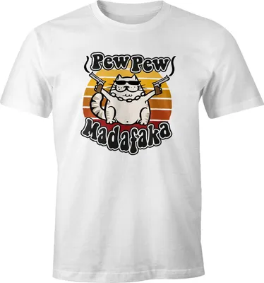 Produktbild von Herren T-Shirt Pew Pew Madafaka Katze Crazy Cat Gangsta Kitty Meme Trend Spruch Fun-Shirt Moonworks® weiß M