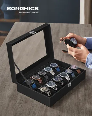 Produktbild von SONGMICS Uhrenbox Uhrenkasten, mit 12 Fächern, Glasdeckel, Geschenkidee