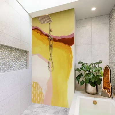 Produktbild von Duschrückwand Muster selbstklebend - 0.35 mm Wandpaneel wasserfest Design gelb Abstrakt Badrückwand fugenlos  Smart matt 90x210 cm