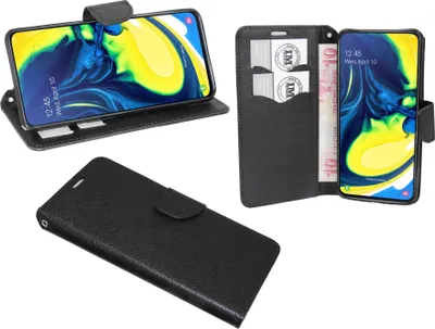 Produktbild von cofi1453® Buch Tasche "Fancy" kompatibel mit SAMSUNG GALAXY A80 (A805F) Handy Hülle Etui Brieftasche Schutzhülle mit Standfunktion, Kartenfach Schwarz