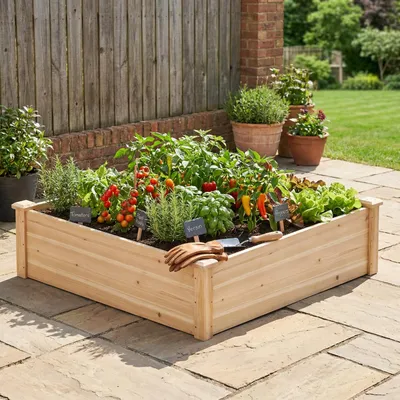 Image de Jardinière surélevée Zerbaco, en bois, carrée, 102 x 102 x 30 cm, avec fond, pour terrasse