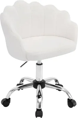 A white, fluffy office chair with a shell-shaped backrest and a chrome base with wheels, shown against a white background.