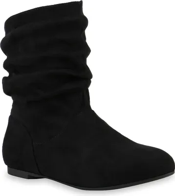 A black slouch boot is shown against a white background.
