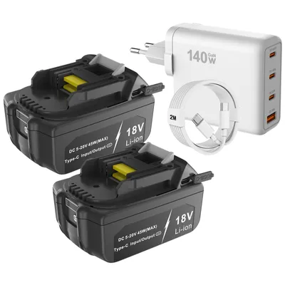 Productafbeelding van 2x Accu met USB-C PD-aansluiting, laadfunctie, compatibel met Makita 18V 6Ah BL1840 BL1850 BL1860 BL1815 LXT400, met PD-140W USB-C/USB-A snellader, adapter