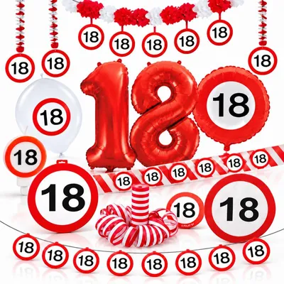 Produktbild von Verkehrsschild Partyset 18. Geburtstag Party Deko Set rot weiss Dekoration Geburtstagsdeko Zahl volljährig Frau Mann