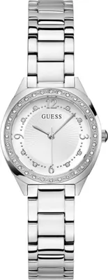 A close-up studio shot of a silver and white Guess women's watch.