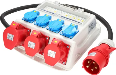 Zdjęcie produktu dla VINGO Wyłącznik różnicowoprądowy Rozdzielnica budowlana 2 x CEE 16A 400V+1 x CEE 32A 400V+4 x 230V 5-biegunowe gniazda z zestykiem ochronnym IP44 Rozdzielnica naścienna Z kablem Na plac budowy