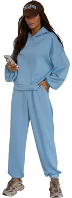 Immagine prodotto di Completo da jogging da donna OVERSIZE – Felpa con cappuccio e pantaloni da jogging comodi, azzurro/L/XL