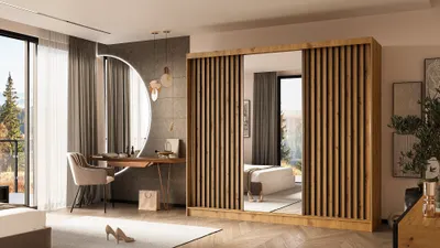 Produktbild von ALTDECOR Kleiderschrank mit Spiegel und Schiebetüren, kugelgelagerte Führungsschienen und Aluminium-Leisten, LED-Beleuchtung (weiß + 16 Farben) und Fernbedienung - LAMELO - 240 cm - Artisan/Artisan/Schwarz
