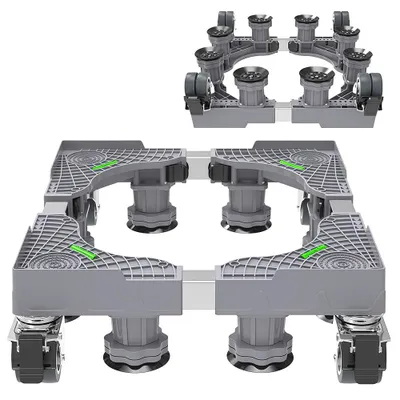 Produktbild von Waschmaschine Sockel Untergestell mit 8 Füßen+4 Räder, Verstellbare Waschmaschine Sockel mit Rutschfester Stoßdämpfungsfunktion, Grau