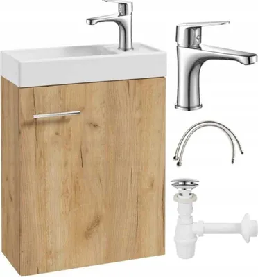 A bathroom vanity set including a sink, cabinet, faucet, and plumbing components, displayed against a white background.