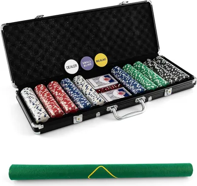 Produktbild von Ultimate Pokerset mit 500 Chips/ 2 Poker Set/ 5 Würfel/Koffer/Spieltuch/ 5 Dealer Buttons, Pokerset Koffer Profi für Pokerspiel (Schwarz)