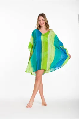 Produktbild von Strandkleid Damen Sommerkleid Kaftan Gestreift Türkis mit Grünverlauf– Luftiges Oversize Kleid aus Baumwolle bis 3XL