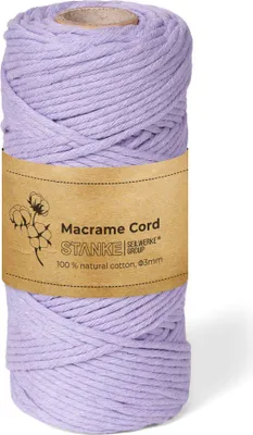 Produktbild von STANKE Makramee Garn 3mm 100 m Farbe Lila- Baumwollgarn für Boho-DIY, Körbchen, Traumfänger - Baumwollkordel für Girlanden, Untersetzer, Taschen - 100% Baumwolle, gedreht, weich, große Rolle