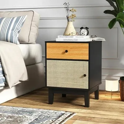 Produktbild von Boho Rattan Nachttisch mit Massivholzbeinen Schwarz