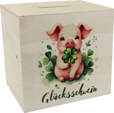 Produktbild von Glücksschwein mit Kleeblatt Spardose aus Holz
