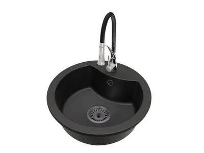 Produktbild von Granit Küchenspüle rund 1 Becken MILA Set mit Armatur NEXO Chrom, schwarzem Siphon Einbauspüle Komplettset