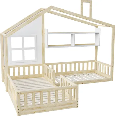 Produktbild von STILVORA  Kinderbett 90x200/140x70 Holzbett mit Fenster und Schornstein in Form eines Hauses,Bodenbett mit Regalen&Sicherheitsgitter,Weiß+Natur(Ohne Matratze)
