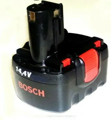A black Bosch power tool battery pack with red accents.