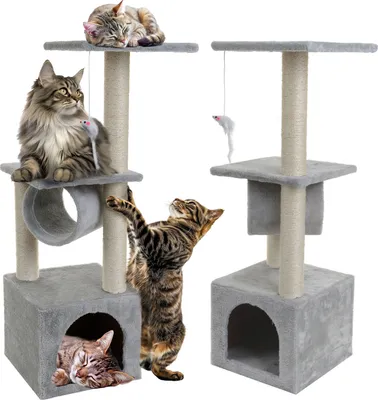 Two cat trees with cats on them, set against a white background.