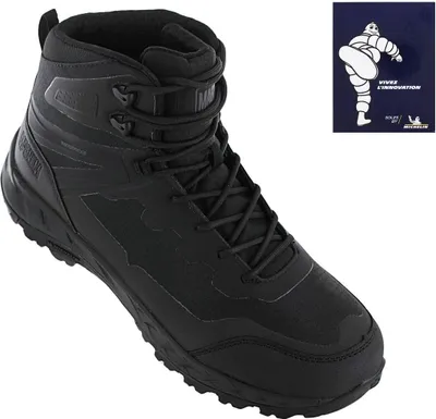 A black Magnum Ultima 6.0 PRO RC boot is shown against a white background, with a small promotional card featuring the Michelin Man in the upper right corner.