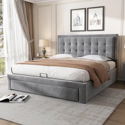 A bedroom scene with a bed as the main focus.