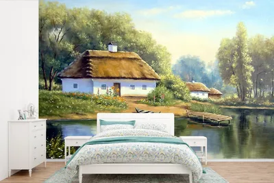 Produktbild von MuchoWow® Fototapete für Wohnzimmer oder Schlafzimmer Wandtapete Vinyl Motivtapete Malerei - Haus - Natur - Wasser - Ölfarbe - 600x400 cm - Vinyltapeten