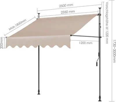 Produktbild von Balkonmarkise - Ausziehbare Klemmarkise - Ohne Bohren - Verstellbare Höhe 200-300 cm - UV- und wasserabweisend - 250x120 cm - Khaki