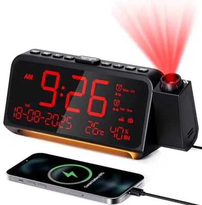 Productafbeelding van PromoHome® Radio-wekker met projectiefunctie – Digitale wekker met dubbele alarmfunctie, FM-radio, temperatuur- en datumweergave, zomertijdinstelling en dimfunctie, USB-poort en