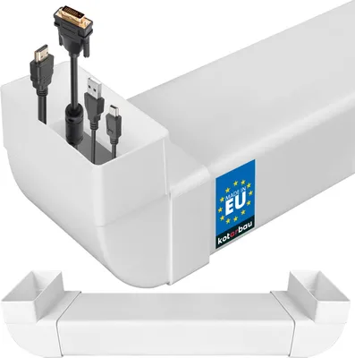 A white cable management channel with various cables plugged into it, shown from a slightly elevated angle. Another section of the channel is shown below.