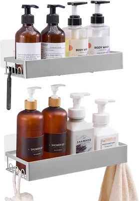 Productafbeelding van Doucherek zonder boren - Set van 2 - Zelfklevend - Staal - 31,5 x 12,5 cm - Grijs