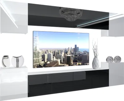 Produktbild von BELINI Wohnwand Vollausstattung Wohnzimmer-Set Moderne Schrankwand mit LED-Beleuchtung Weiß Glänzend Anbauwand TV-Schrank Weiß / Schwarz Glänzend